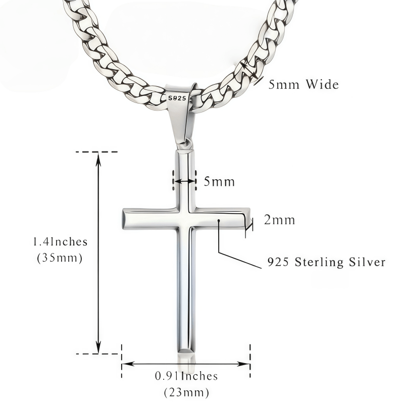 925 Sterling Silver Solid Cut Bevelled Cuban Chain Cross Pendant Necklace